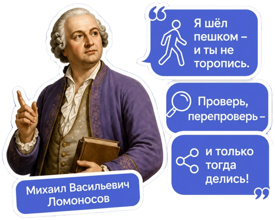 Михаил Ломоносов: «Я шёл пешком — и ты не торопись. Проверь, перепроверь — и только тогда делись!»